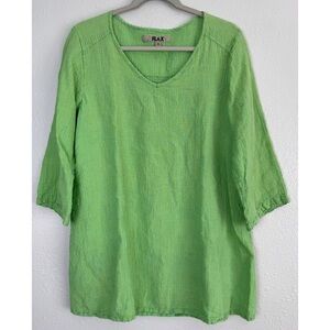 Flax linen green blue strip 3/4 sleeve tunic top lagenlook S